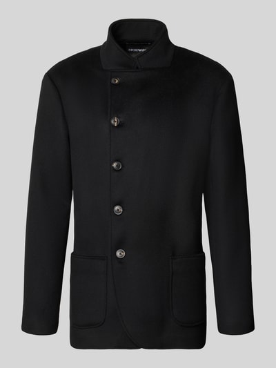 Produktfoto, Slim Fit Jacke aus Lanawoll-Mix mit Stehkragen von Emporio Armani in Schwarz, elastischer Stoff, asymmetrische Knopfleiste, aufgesetzte Taschen