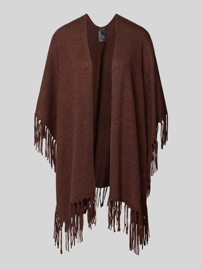 Produktfoto, Poncho mit Lyocell-Anteil von Luisa Cerano in Braun, lockere Passform, offene Front, Fransen, Material-Mix, neutrale Textur