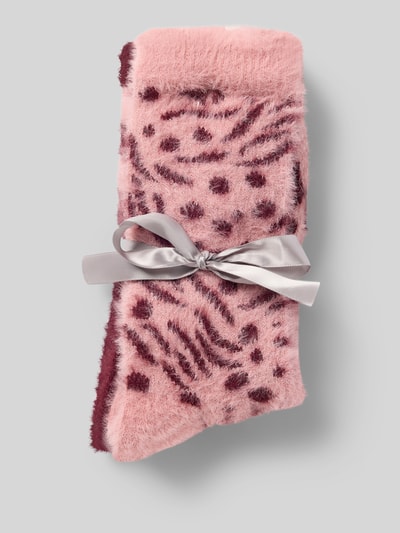 Produktfoto, Socken in Flausch-Optik Modell 'Cozy' im 2er-Pack von camano, Dames sokken in flauschlook set van 2 met glittergaren, zachtroze met bordeauxrode stippen en strepen