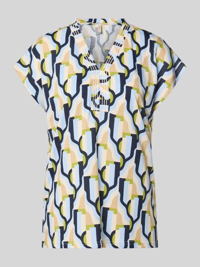 Productfoto, Blusenshirt uit katoen-viscosemix model 'FELICITY' van Soyaconcept, rechte fit, V-hals, geometrisch patroon in geel, blauw, wit