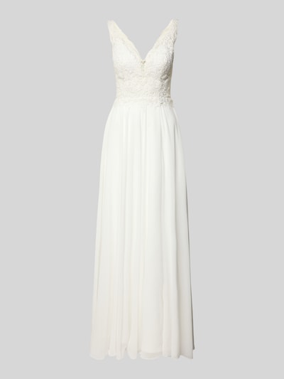 Produktfoto, Brautkleid mit floralem Stitching van Mascara in wit met bloemstiksels, taillegetailleerd, V-hals, ondoorzichtige onderrok, mouwloos design