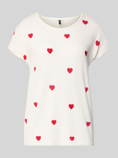Produktfoto, Relaxed Fit T-Shirt aus Lyocell-Mix Modell 'AVA' von Vero Moda in Weiß mit rotem Allover-Herz-Print, Rundhals, Kurzarm, fixierter Umschlag, Damen T-Shirt.