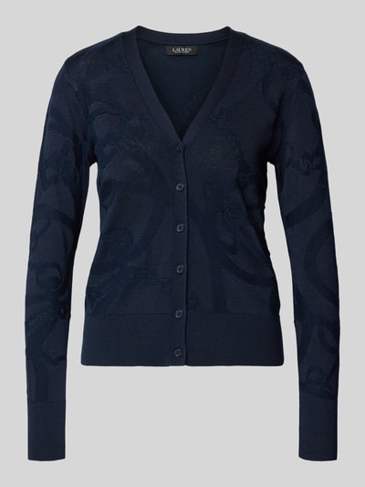 Produktfoto, Strickjacke mit Knopfleiste Modell 'DENZEL' van Lauren Ralph Lauren in donkerblauw, mix van viscose en katoen, regular fit, ribboorden, V-hals.