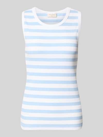 Produktfoto, Slim Fit Top mit Rundhalsausschnitt Modell 'Effy' von FREE/QUENT im elastischen Baumwoll-Mix, hellblau-weiße Querstreifen.