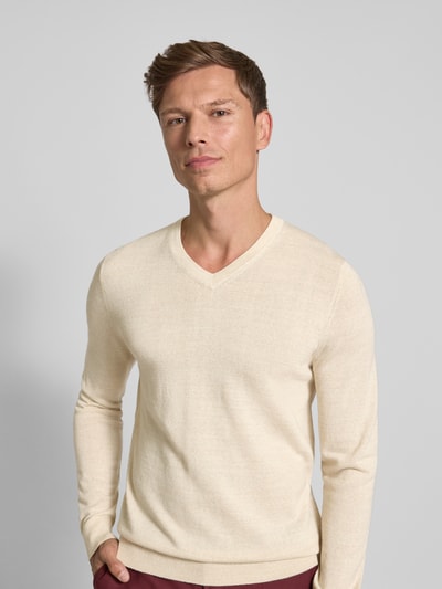 Christian Berg Men Gebreide pullover van een mix van merinowol met V-hals Ecru gemêleerd - 3