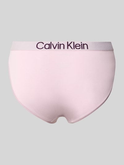 Produktfoto, rosa Slip aus Baumwoll-Mix mit Label-Bund von Calvin Klein Underwear vor grauem Hintergrund, Damen Slip von Calvin Klein Underwear