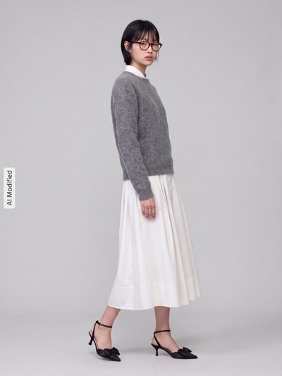 Vrouwenmodel draagt grijze Regular Fit Pullover uit mix van scheerwol en kasjmier model 'DECO' van Weekend Max Mara, Dames pullover, zijaanzicht, KI-modificeerd beeld
