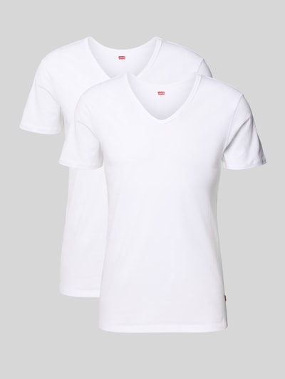Produktfoto, T-Shirt mit V-Ausschnitt im 2er-Pack von LEVI'S®, Mieszanka bawełny i elastanu, dopasowany krój, dekolt w serek, detal z logo