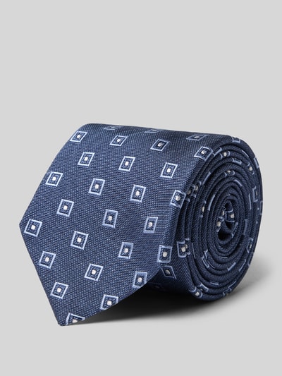 Produktfoto, Seidenkrawatte aus reiner Seide mit Logo-Patch (7,5cm) von Gierremilano in Dunkelblau mit geometrischem Allover-Stitching, feine Webstruktur, Breite bei Größe 1: 8 cm.