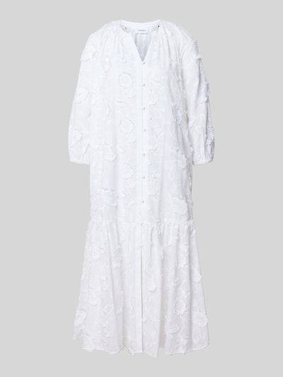 Produktfoto, Relaxed Fit Midikleid mit floraler siergarnering van comma, wit, materiaalmix met katoen, tuniekhals, 3/4-mouw, knoopsluiting, ruglengte maat 36: 119 cm, borstwijdte maat 36: 60 cm, mouwlengte maat 36: 47 cm