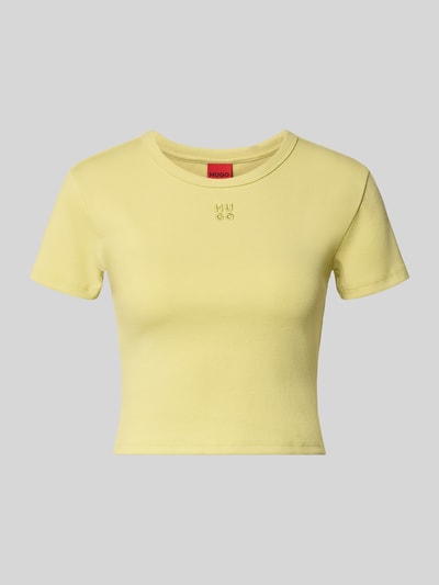 Produktfoto, Slim Fit T-Shirt aus Baumwoll-Mix Modell 'DELANOR' von HUGO für Damen, Optik: Unifarben, Kurzarm, Cropped, Logo-Stitching, Stretch.