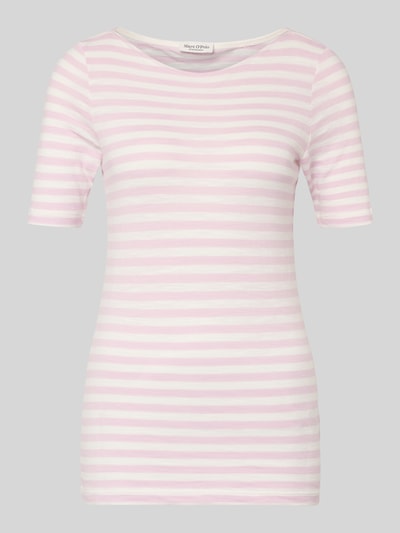 Produktfoto, Slim Fit T-Shirt aus reiner Baumwolle von Marc O'Polo mit rosa-weißem Allover-Streifenmuster und Logo-Print, feine Textur.
