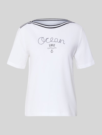 Produktfoto, T-Shirt mit Kontraststreifen und Print von Marc Cain, bawełna z domieszką elastanu, krój regular fit, białe z nadrukiem, szerokość w rozmiarze 36: 55 cm