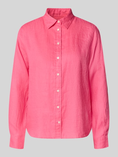 Produktfoto, Regular Fit Leinenbluse mit Label-Stitching von Gant, bluzka lniana z lnu, krój regular fit, kołnierzyk koszulowy, wyhaftowane logo, listwa guzikowa, długość tyłu w rozmiarze 36: 66 cm, długość rękawów w rozmiarze 36: 60 cm, intensywny róż, gładka faktura, prosty fason