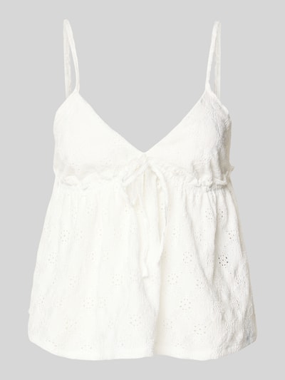 Produktfoto, Babydoll-Top mit Schößchendetail und Lochstickerei von REVIEW, mieszanka materiałów z dodatkiem streczu, krój regular fit, baskinka, haft angielski, długość tyłu w rozmiarze S: 27 cm, kolor biały, wyraźna faktura, lekko rozkloszowany fason