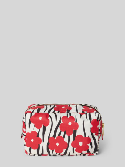 Produktfoto, Kosmetiktasche mit Logo-Patch Modell 'Wildflower' von WOUF, Hauptfach mit Reißverschluss, Allover-Animal-Print, floraler Allover-Print, weiße Grundfarbe, rote Blumen, schwarze Streifen, glatte Haptik