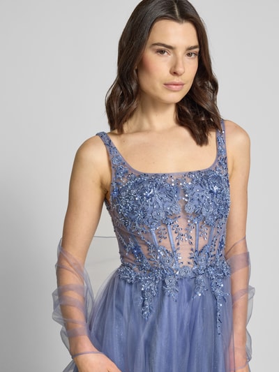 unique Abendkleid aus Tüll mit Stitchings und Pailletten Bleu 3