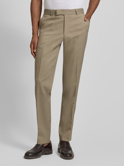 Mannermodel draagt pantalon van mix van scheerwol en elastaan model 'Sendrik' van Carl Gross, regular fit, persplooien, achterzakken, bandwijdte maat 50 40 cm, binnenbeenlengte 85 cm, Ganzkörperansicht van voren.