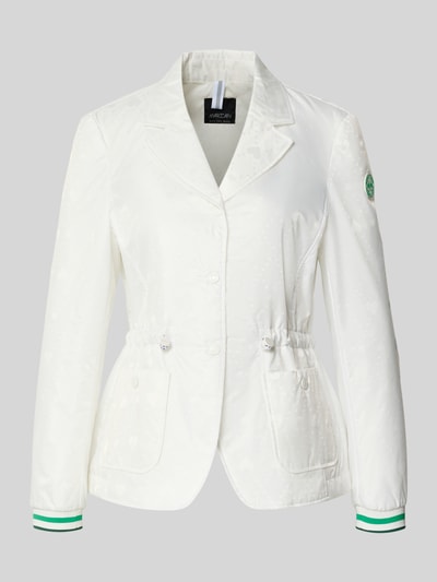 Produktfoto, Regular Fit Blazer mit aufgesetzten Taschen von Marc Cain in Weiß mit Allover-Motiv-Print, Reverskragen, Logo-Applikation, Tunnelzug, Knopfleiste, glatte Textur