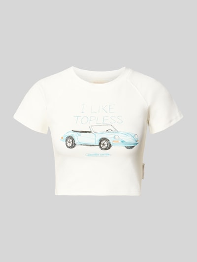 Produktfoto, Cropped T-Shirt mit Motiv-Print von ANOTHER COTTON LAB aus Reine Baumwolle, weißer Stoff, blauer Motiv-Print, Rundhalsausschnitt, Rückenlänge 38 cm bei Größe S.