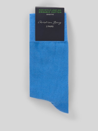 Produktfoto, Socken mit elastischen Bündchen im 2er-Pack von Christian Berg Men, blauer Baumwoll-Mix, unifarbenes Design, Verpackung sichtbar.
