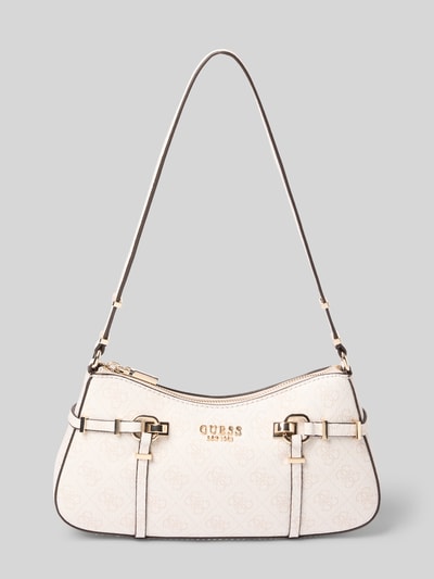 Produktfoto, Handtasche mit Logo-Muster Modell 'LEONA' von Guess, Beige- und Goldtöne, Hauptfach mit Reißverschluss, Label-Applikation, Tragehenkel, Breite 28 cm, Länge 15 cm, Tiefe 6 cm, Schulterriemen 60 cm.