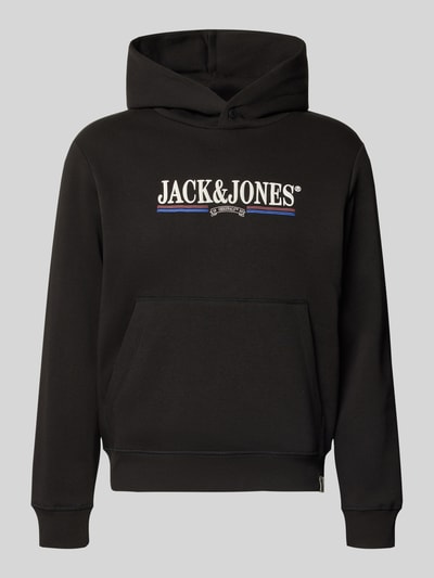 Produktfoto, Hoodie mit Label-Print Modell 'FREDERIKSBERG' von JACK & JONES in Schwarz, Baumwoll-Mix, Kängurutasche, lockerer Schnitt