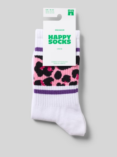 Produktfoto, Socken mit Leo-Print von Happy Socks in Weiß, Pink und Schwarz mit elastischem Rippbündchen, stretchiger Baumwoll-Mix, Label-Detail.
