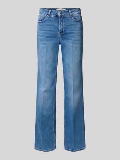 Produktfoto, Straight Fit Jeans mit Gesäßtaschen Modell 'Carie' von Someday aus elastischem Baumwoll-Mix in Blau mit Eingrifftaschen und Knopf- sowie Reißverschluss, Bundweite bei Größe 36: 36 cm, Innenbeinlänge bei Größe 36: 80 cm, glatte Struktur, leichte Waschung.