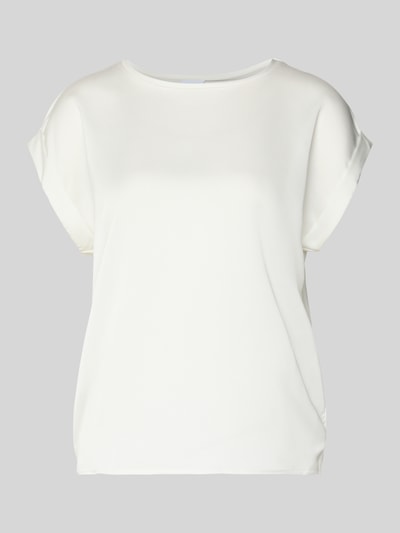 Produktfoto, Blusenshirt mit fixierten Ärmelaufschlägen Modell 'VIELLETTE' von VILA, mieszanka wiskozy z dodatkiem streczu, luźny krój, okrągły dekolt, długość tyłu 57 cm w rozmiarze 36, jednolita biel, gładka tekstura.