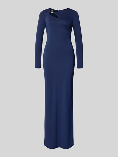 Produktfoto, Abendkleid mit Cut Out und Knotendetail Modell 'BURLINCE' von Lauren Ralph Lauren, dunkelblau, Material-Mix mit Stretch-Anteil, gerader Schnitt, elegante glatte Textur, dezente goldene Metallelemente, Rückenlänge 150 cm, Brustweite 37 cm, Ärmellänge 65 cm, für Damen