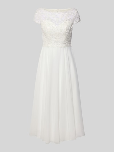 Produktfoto, Cocktailkleid mit opulenter langer Spitzenschleppe von LUXUAR FASHION, weißer Chiffon, A-Linie, Midikleid, Spitzenstruktur und Stitchings, elegante Textur, Rückenlänge 117 cm, Brustweite 42 cm.