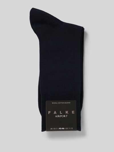 Produktfoto, Sokken met geribde boord van Falke, herenmodel in mix van katoen en scheerwol met stretch, nauwsluitend, donkerblauw.
