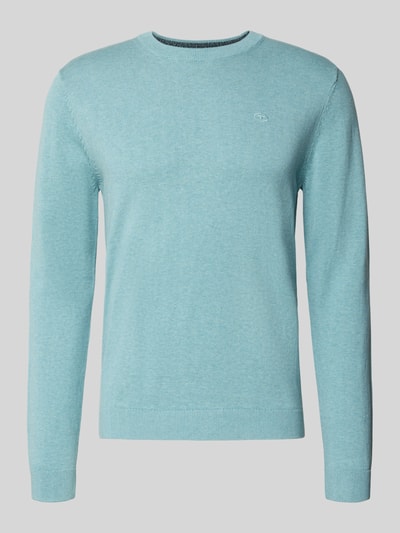 Produktfoto, Regular Fit Strickpullover aus reiner Baumwolle von Tom Tailor in hellblauer Melange, unifarben, mit Rundhals und Logo-Detail