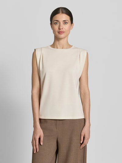 Frauenmodel trägt Top mit Rundhalsausschnitt und Kappärmeln von Jake*s Collection, Modal-Mix, gerader Schnitt, beige, Ganzkörperansicht von vorne.