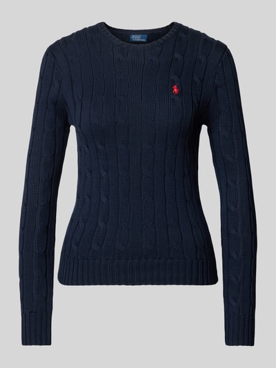Produktfoto, dunkelblauer Slim Fit Pullover aus reiner Baumwolle von Polo Ralph Lauren, dezentes Strickmuster, rote Logo-Stickerei, Damen Pullover
