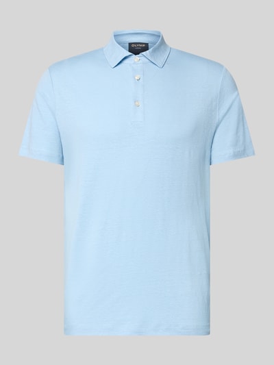 Produktfoto, Regular Fit Poloshirt aus Leinen-Elasthan-Mix von OLYMP Level Five, jasnoniebieska koszulka polo, krój regular fit, mieszanka lnu i elastanu, listwa guzikowa, rękaw o dł. 1/2, długość tyłu w rozmiarze M: 70 cm