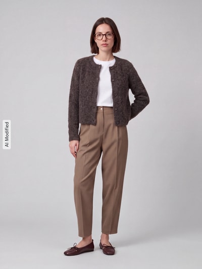 Frauenmodel trägt Regular Fit Strickjacke mit Woll-Anteil Modell 'NOVAH' von VERO MODA in Dunkelbraun, helle Hose, weiße Wand, Ganzkörperansicht von vorne, KI-modifiziertes Bild.