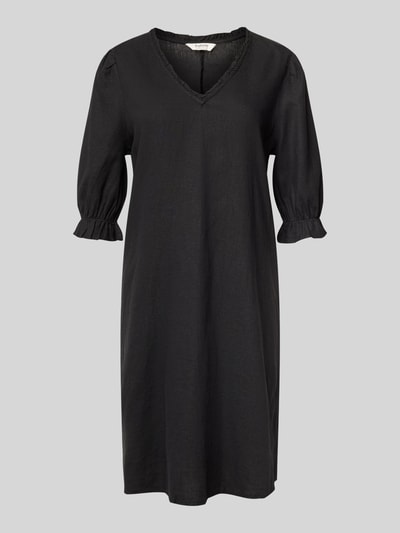 Produktfoto, Knielanges Kleid aus Leinen-Viskose-Mix Modell 'FALAKKA' von B.Young in Schwarz, gerader Schnitt, V-Ausschnitt, Rüschen an Ärmeln, glatte Textur, Rückenlänge 95 cm, Brustweite 38 cm, Ärmellänge 39 cm in Größe 36