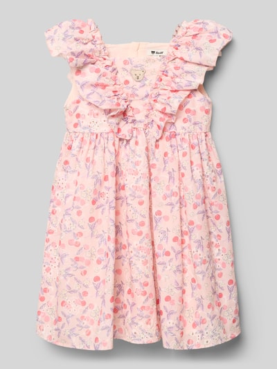 Produktfoto, Knielanges Kleid mit Rüschen und Motiv-Stitching von Steiff aus Material-Mix mit Baumwoll-Anteil, A-Linie, rosa Muster.