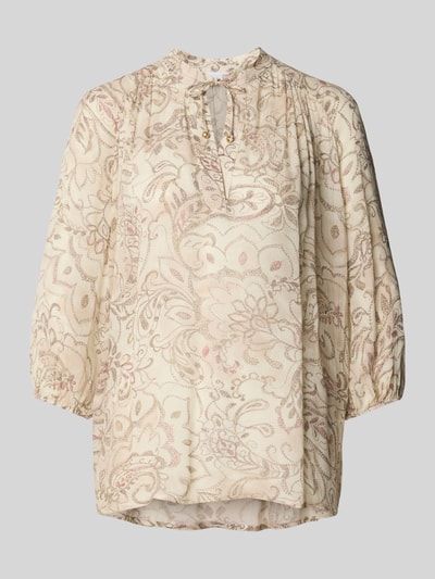 Produktfoto, Regular Fit Bluse aus Viskose mit Schnürung und 3/4-Arm von Jake*s Collection im Allover-Look, Stehkragen, cremefarbene Töne, Rückenlänge 65 cm, Ärmellänge 55 cm, fließende Textur