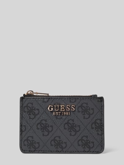 Produktfoto, Portemonnaie mit Logo-Detail Modell 'Laurel' von Guess in schwarzer Leder-Optik mit goldfarbenem Reißverschluss und Schriftzug