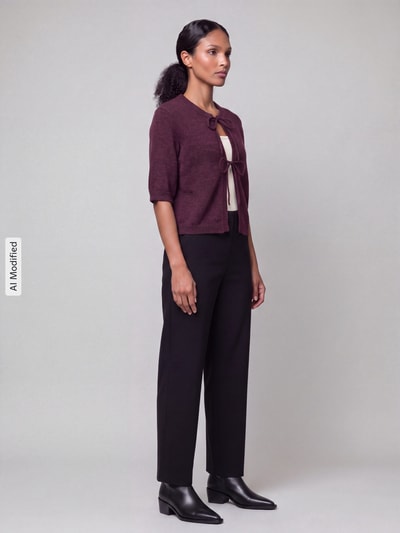 Frauenmodel trägt Regular Fit Strickjacke mit Schnürung Modell 'SIMONI' von ONLY, dunkelrot, kombiniert mit schwarzer Hose, Ganzkörperansicht von vorne, Damen Strickjacke von ONLY, KI-modifiziertes Bild.