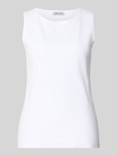 Produktfoto, weißes Top mit Rundhalsausschnitt von More & More im Regular Fit aus Baumwoll-Elasthan-Mix, glatte Textur, Rückenlänge 59 cm.