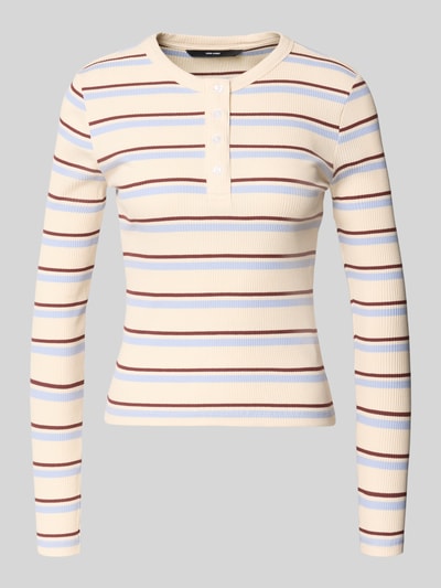 Produktfoto, Slim Fit Langarmshirt aus Baumwoll-Mix Modell 'KATIE' von Vero Moda, mehrfarbig gestreift, Feinstrick, Rundhals, Knopfleiste