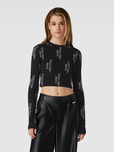 Calvin Klein Jeans Cropped Stickpullover mit Allover-Label-Muster Black 4