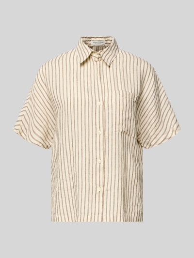 Produktfoto, Relaxed Fit Kurzarmbluse aus reinem Leinen von Marc O'Polo mit beige-braunen Streifen, Brusttasche, Hemdblusenkragen, Knopfleiste, Leinenstruktur