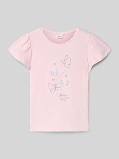 Produktfoto, Regular Fit T-Shirt aus reiner Baumwolle von s.Oliver RED LABEL in Rosa, unifarben, Rundhals, kurzarm mit Raffung, Motiv-Stitching Schmetterlinge, Jerseystruktur