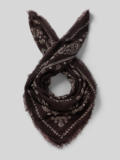 Produktfoto, Schal aus Woll-Kaschmir-Mix mit Paisley-Muster von Smith and Soul, schwarz mit cremefarbenem Muster, Fransen-Abschluss, dreieckige Form, 87 cm breit, 93 cm lang.