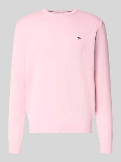 Produktfoto, Strickpullover mit gerippten Abschlüssen von Fynch-Hatton in Rosa, reine Baumwolle, Regular-Fit, Rundhalsausschnitt, Label-Stitching.